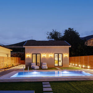 villa 3, night pool garden view